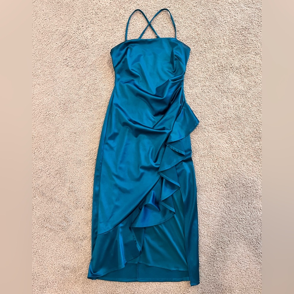 Emerald Sundae Teal Satin Ruffle Gown